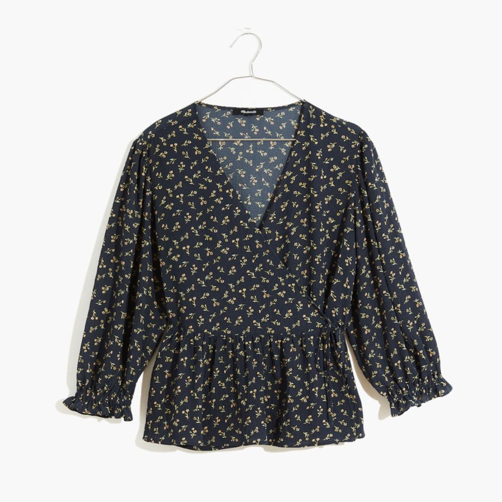 Puff-Sleeve Peplum Wrap Top in Spring Fling